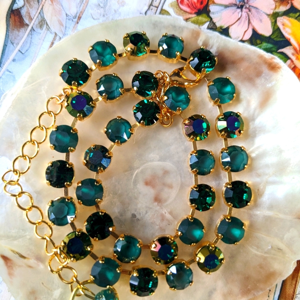 Deep Green Premium Crystals Emerald Classic Tennis Necklace in 14K Gold Plated